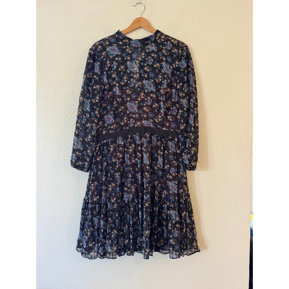 Rebecca Taylor Floral Silk Clip Dot Tiered Ruffle Mini Dress Sz 12 Blue Black EX